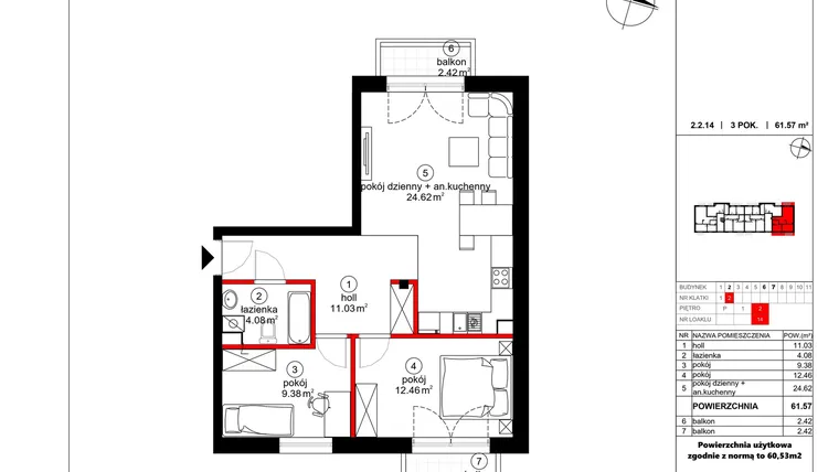 Rzut - Mieszkanie na sprzedaż 3 pokoje o powierzchni 60,53 m² - numer 14 w Czynu Społecznego 65F