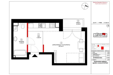 Rzut - Mieszkanie na sprzedaż 1 pokój o powierzchni 30,78 m² - numer 13 w Czynu Społecznego 65F