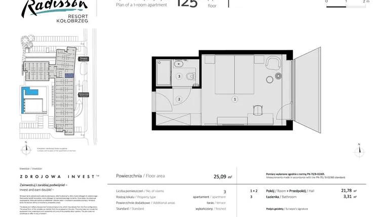 Rzut - Mieszkanie na sprzedaż 1 pokój o powierzchni 25,09 m² - numer 125 w Radisson Resort, Kołobrzeg