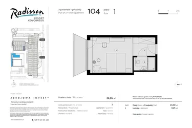 Rzut - Mieszkanie na sprzedaż 1 pokój o powierzchni 24,65 m² - numer 104 w Radisson Resort, Kołobrzeg