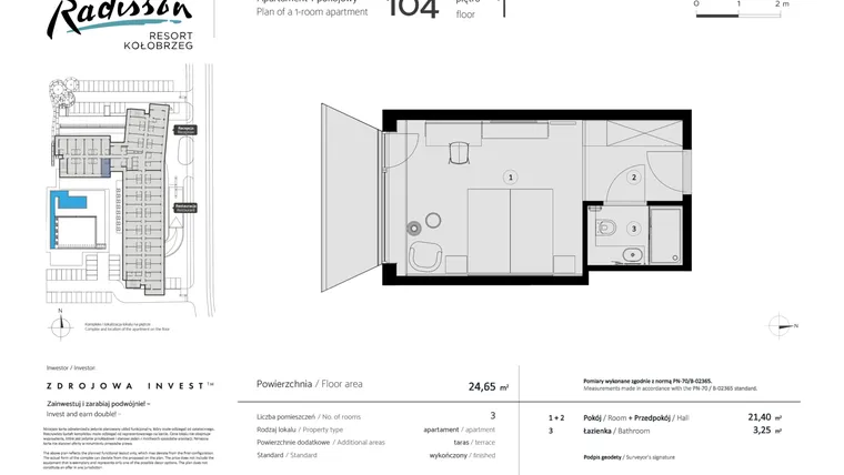 Rzut - Mieszkanie na sprzedaż 1 pokój o powierzchni 24,65 m² - numer 104 w Radisson Resort, Kołobrzeg