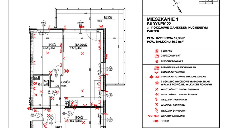 Rzut - Mieszkanie na sprzedaż 3 pokoje o powierzchni 57,38 m² - numer 1 w Osiedle 4 Pory Roku - Etap VIII
