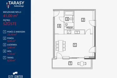 Rzut - Mieszkanie na sprzedaż 2 pokoje o powierzchni 41 m² - numer B2.M.6.3 w Tarasy Sobieskiego