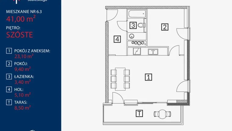 Rzut - Mieszkanie na sprzedaż 2 pokoje o powierzchni 41 m² - numer B2.M.6.3 w Tarasy Sobieskiego
