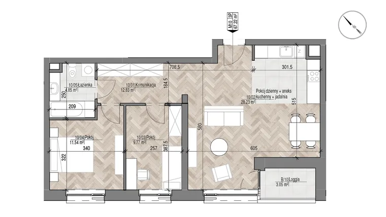 Rzut - Mieszkanie na sprzedaż 3 pokoje o powierzchni 67,22 m² - numer 10 w Apartamenty Czysta