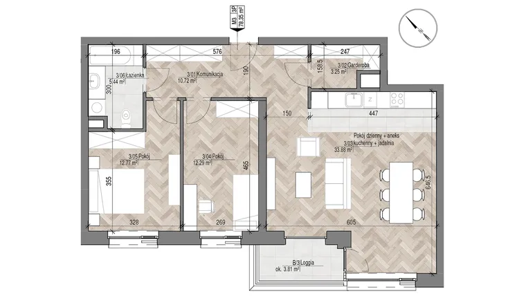 Rzut - Mieszkanie na sprzedaż 3 pokoje o powierzchni 78,35 m² - numer 3 w Apartamenty Czysta