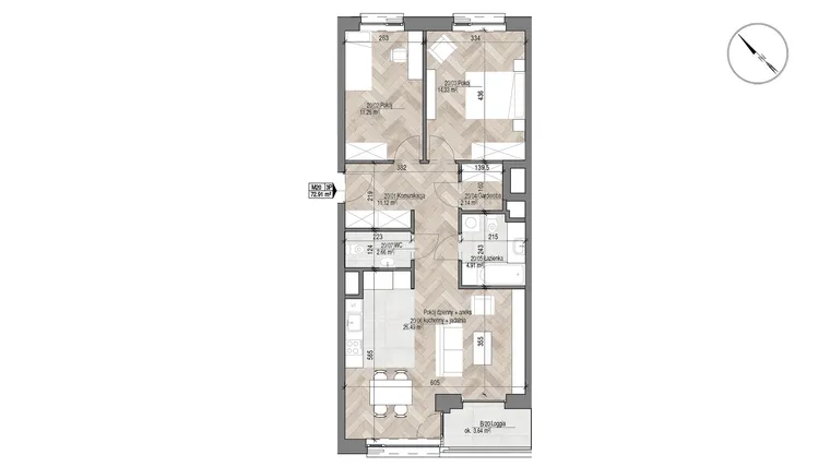 Rzut - Mieszkanie na sprzedaż 3 pokoje o powierzchni 72,91 m² - numer 20 w Apartamenty Czysta