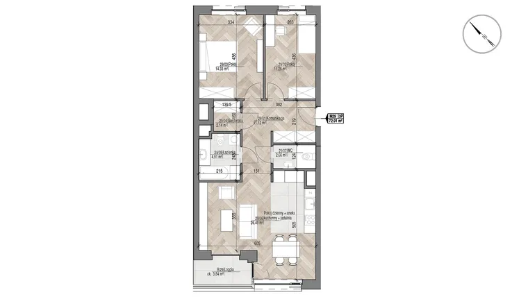 Rzut - Mieszkanie na sprzedaż 3 pokoje o powierzchni 72,91 m² - numer 29 w Apartamenty Czysta