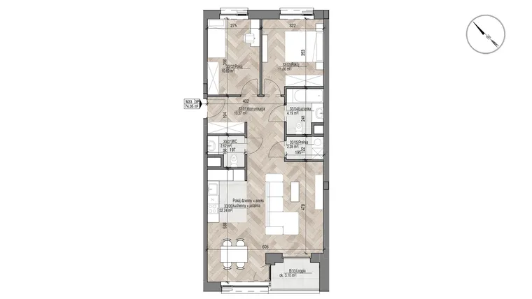 Rzut - Mieszkanie na sprzedaż 3 pokoje o powierzchni 74,05 m² - numer 33 w Apartamenty Czysta