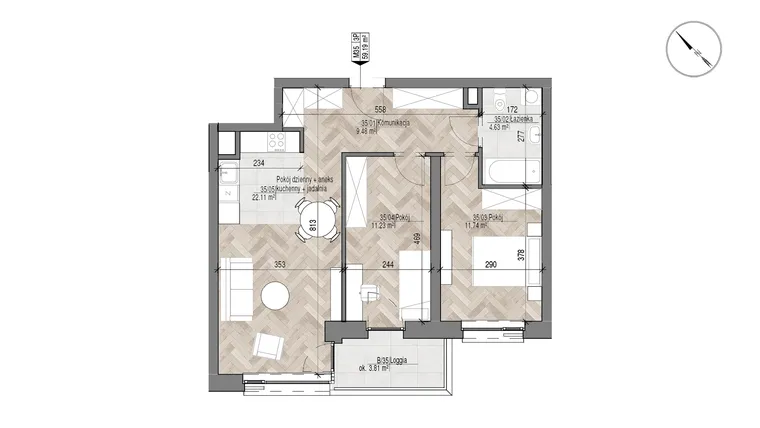 Rzut - Mieszkanie na sprzedaż 3 pokoje o powierzchni 59,19 m² - numer 35 w Apartamenty Czysta