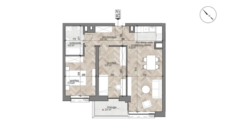 Rzut - Mieszkanie na sprzedaż 3 pokoje o powierzchni 60,83 m² - numer 34 w Apartamenty Czysta