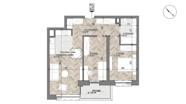 Rzut - Mieszkanie na sprzedaż 3 pokoje o powierzchni 59,19 m² - numer 41 w Apartamenty Czysta