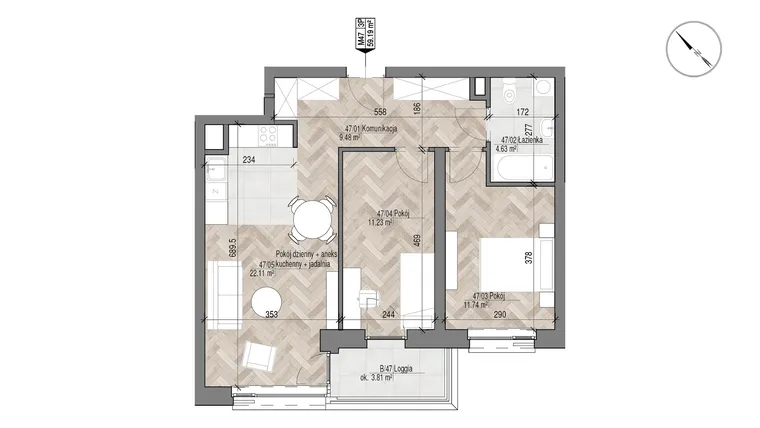 Rzut - Mieszkanie na sprzedaż 3 pokoje o powierzchni 59,19 m² - numer 47 w Apartamenty Czysta