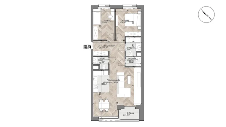 Rzut - Mieszkanie na sprzedaż 3 pokoje o powierzchni 74,05 m² - numer 45 w Apartamenty Czysta