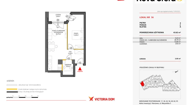 Rzut - Mieszkanie na sprzedaż 2 pokoje o powierzchni 43,62 m² - numer 56 w Miasteczko Nova Sfera 5