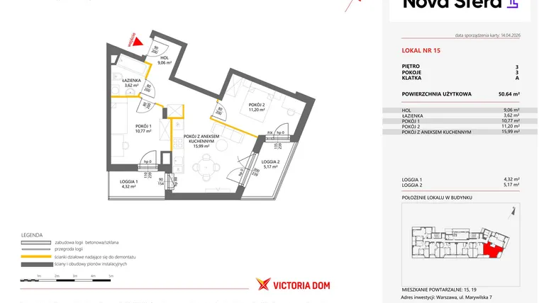 Rzut - Mieszkanie na sprzedaż 3 pokoje o powierzchni 50,64 m² - numer 15 w Miasteczko Nova Sfera 4