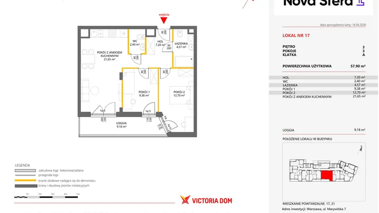 Rzut - Mieszkanie na sprzedaż 3 pokoje o powierzchni 57,9 m² - numer 17 w Miasteczko Nova Sfera 4