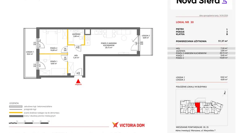 Rzut - Mieszkanie na sprzedaż 3 pokoje o powierzchni 51,37 m² - numer 30 w Miasteczko Nova Sfera 4