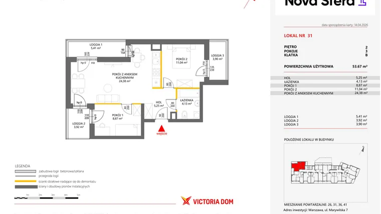 Rzut - Mieszkanie na sprzedaż 3 pokoje o powierzchni 53,67 m² - numer 31 w Miasteczko Nova Sfera 4