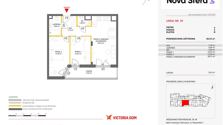 Rzut - Mieszkanie na sprzedaż 3 pokoje o powierzchni 58,54 m² - numer 39 w Miasteczko Nova Sfera 4