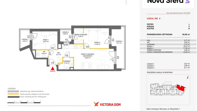 Rzut - Mieszkanie na sprzedaż 3 pokoje o powierzchni 58,08 m² - numer 4 w Miasteczko Nova Sfera 4
