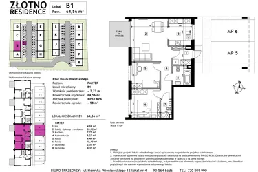 Rzut - Mieszkanie na sprzedaż 3 pokoje o powierzchni 64,56 m² - numer B1 w Złotno Residence