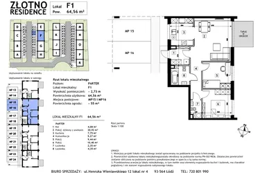 Rzut - Mieszkanie na sprzedaż 3 pokoje o powierzchni 64,56 m² - numer F1 w Złotno Residence