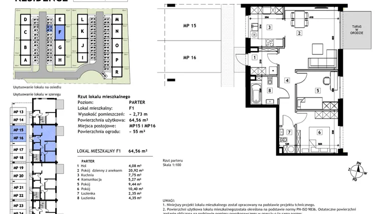 Rzut - Mieszkanie na sprzedaż 3 pokoje o powierzchni 64,56 m² - numer F1 w Złotno Residence
