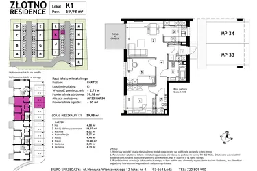 Rzut - Mieszkanie na sprzedaż 3 pokoje o powierzchni 59,98 m² - numer K1 w Złotno Residence