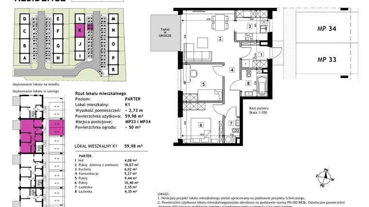 Rzut - Mieszkanie na sprzedaż 3 pokoje o powierzchni 59,98 m² - numer K1 w Złotno Residence