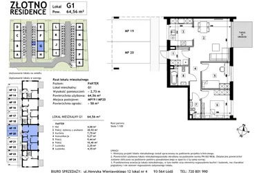 Rzut - Mieszkanie na sprzedaż 3 pokoje o powierzchni 64,56 m² - numer G1 w Złotno Residence
