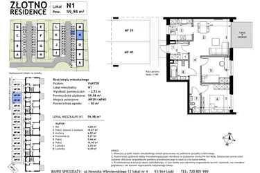 Rzut - Mieszkanie na sprzedaż 3 pokoje o powierzchni 59,98 m² - numer N1 w Złotno Residence