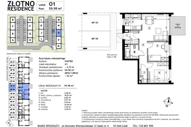 Rzut - Mieszkanie na sprzedaż 3 pokoje o powierzchni 59,98 m² - numer O1 w Złotno Residence