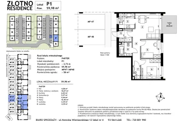 Rzut - Mieszkanie na sprzedaż 3 pokoje o powierzchni 59,98 m² - numer P1 w Złotno Residence