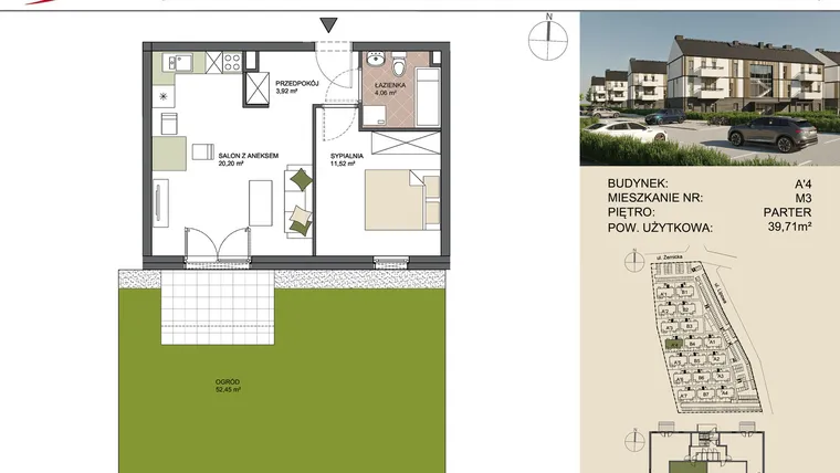 Rzut - Mieszkanie na sprzedaż 2 pokoje o powierzchni 39,71 m² - numer A'4/3 w Osiedle Przy Lipowej