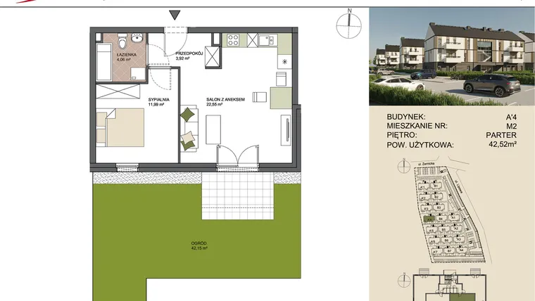 Rzut - Mieszkanie na sprzedaż 2 pokoje o powierzchni 42,52 m² - numer A'4/2 w Osiedle Przy Lipowej