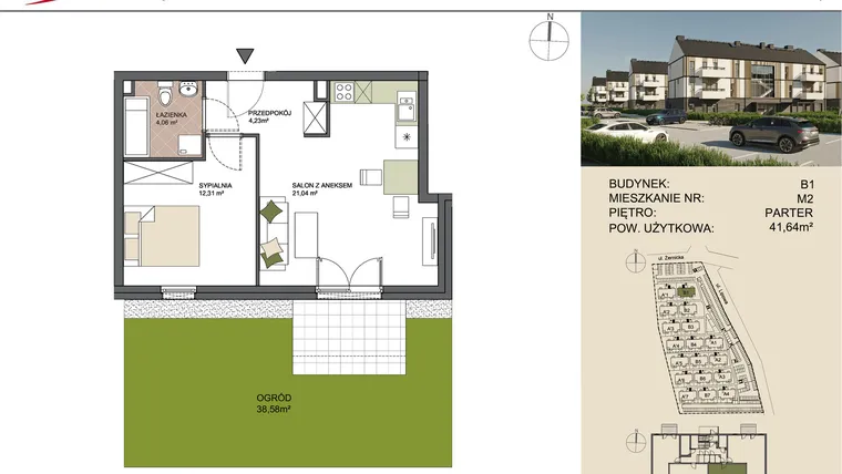 Rzut - Mieszkanie na sprzedaż 2 pokoje o powierzchni 41,64 m² - numer B1/2 w Osiedle Przy Lipowej