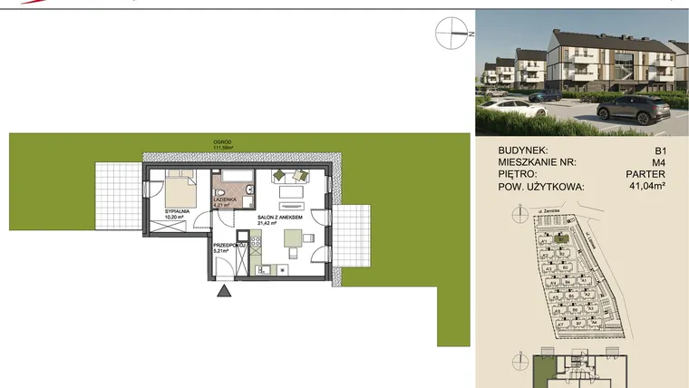Rzut - Mieszkanie na sprzedaż 2 pokoje o powierzchni 41,04 m² - numer B1/4 w Osiedle Przy Lipowej