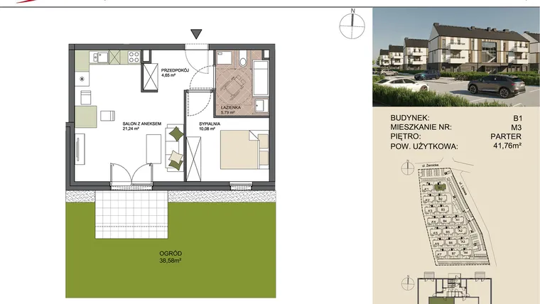Rzut - Mieszkanie na sprzedaż 2 pokoje o powierzchni 41,76 m² - numer B1/3 w Osiedle Przy Lipowej
