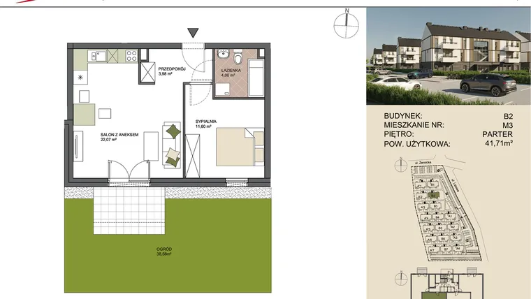 Rzut - Mieszkanie na sprzedaż 2 pokoje o powierzchni 41,76 m² - numer B2/3 w Osiedle Przy Lipowej