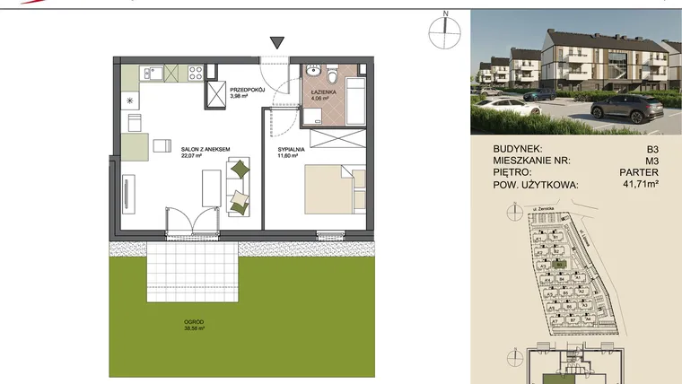 Rzut - Mieszkanie na sprzedaż 2 pokoje o powierzchni 41,71 m² - numer B3/3 w Osiedle Przy Lipowej