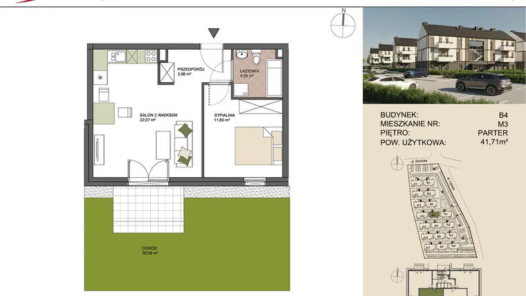 Rzut - Mieszkanie na sprzedaż 2 pokoje o powierzchni 41,71 m² - numer B4/3 w Osiedle Przy Lipowej