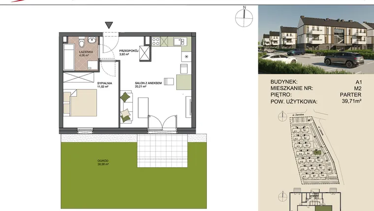 Rzut - Mieszkanie na sprzedaż 2 pokoje o powierzchni 39,71 m² - numer A1/2 w Osiedle Przy Lipowej