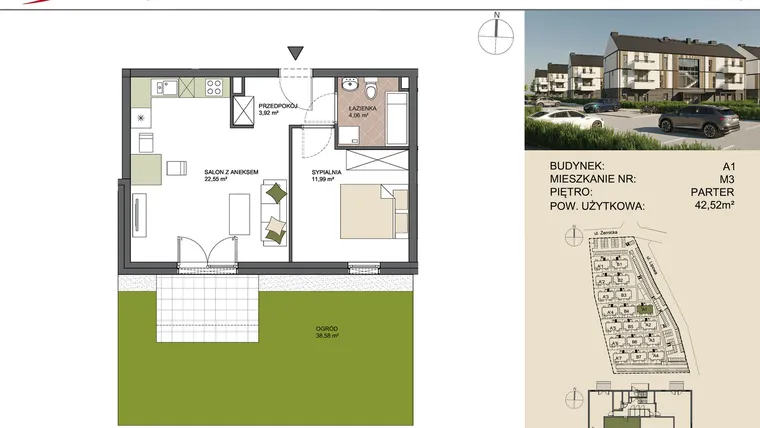 Rzut - Mieszkanie na sprzedaż 2 pokoje o powierzchni 42,52 m² - numer A1/3 w Osiedle Przy Lipowej