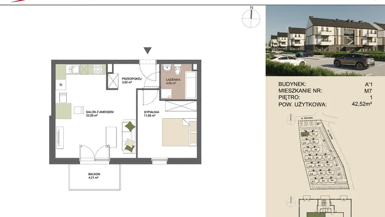Rzut - Mieszkanie na sprzedaż 2 pokoje o powierzchni 42,52 m² - numer A'1/7 w Osiedle Przy Lipowej