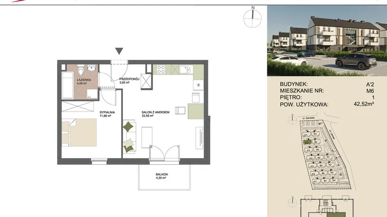 Rzut - Mieszkanie na sprzedaż 2 pokoje o powierzchni 42,52 m² - numer A'2/6 w Osiedle Przy Lipowej