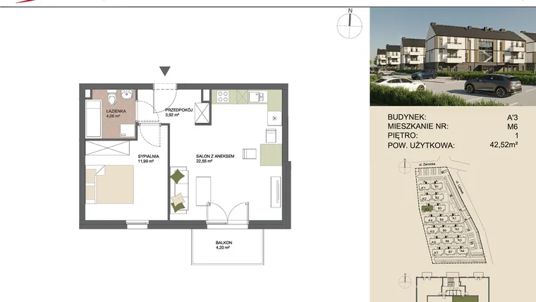 Rzut - Mieszkanie na sprzedaż 2 pokoje o powierzchni 42,52 m² - numer A'3/6 w Osiedle Przy Lipowej