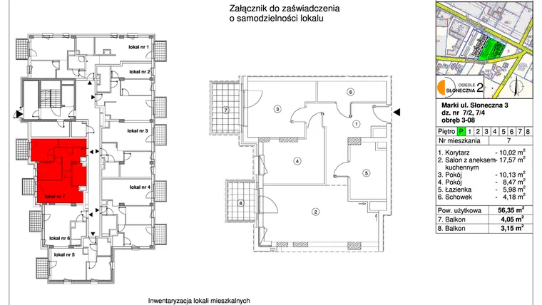 Rzut - Mieszkanie na sprzedaż 3 pokoje o powierzchni 56,35 m² - numer 7 w Osiedle Słoneczna etap 2