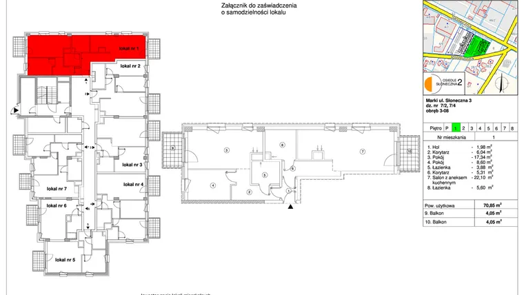 Rzut - Mieszkanie na sprzedaż 3 pokoje o powierzchni 70,85 m² - numer 1 w Osiedle Słoneczna etap 2