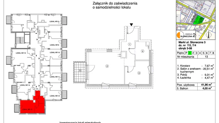 Rzut - Mieszkanie na sprzedaż 2 pokoje o powierzchni 41,96 m² - numer 13 w Osiedle Słoneczna etap 2